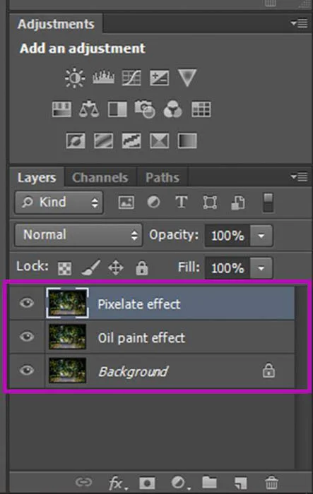 نام Layer 1 را به «Oil paint effect» و نام Layer 1 copy را به «Pixelate effect» تغییر دهید