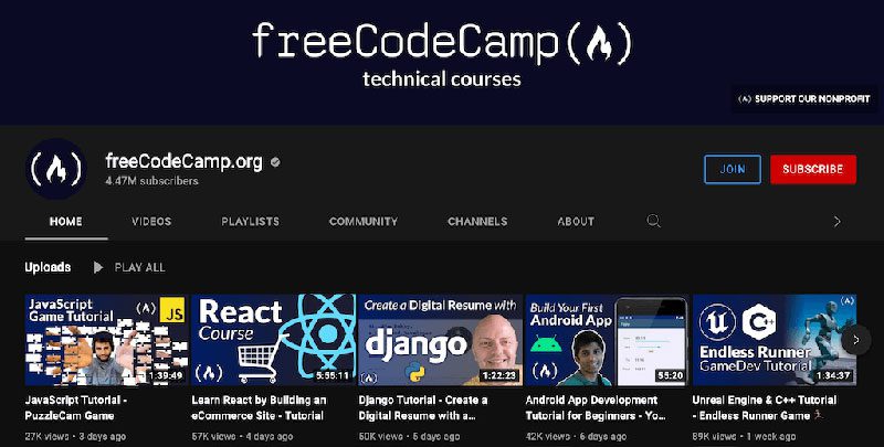 شماره 3 - کانال FreeCodeCamp (فقط در یوتوب)